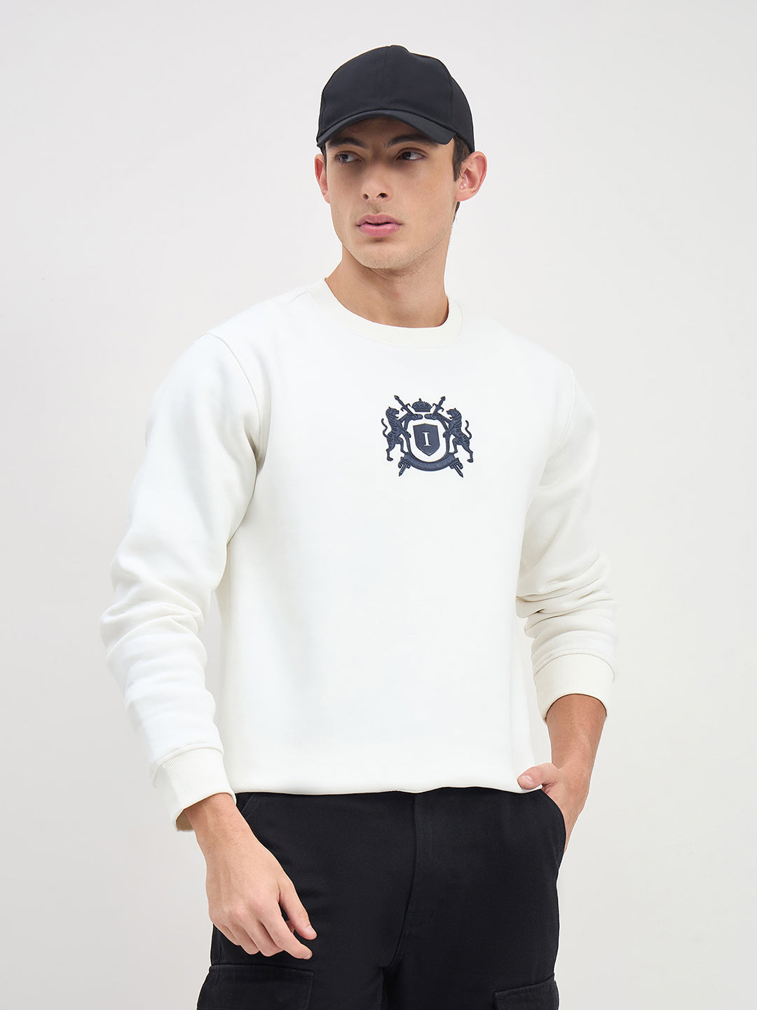 ICONIC Men White Crew Neck Regular Fit Fleece Sweatshirt