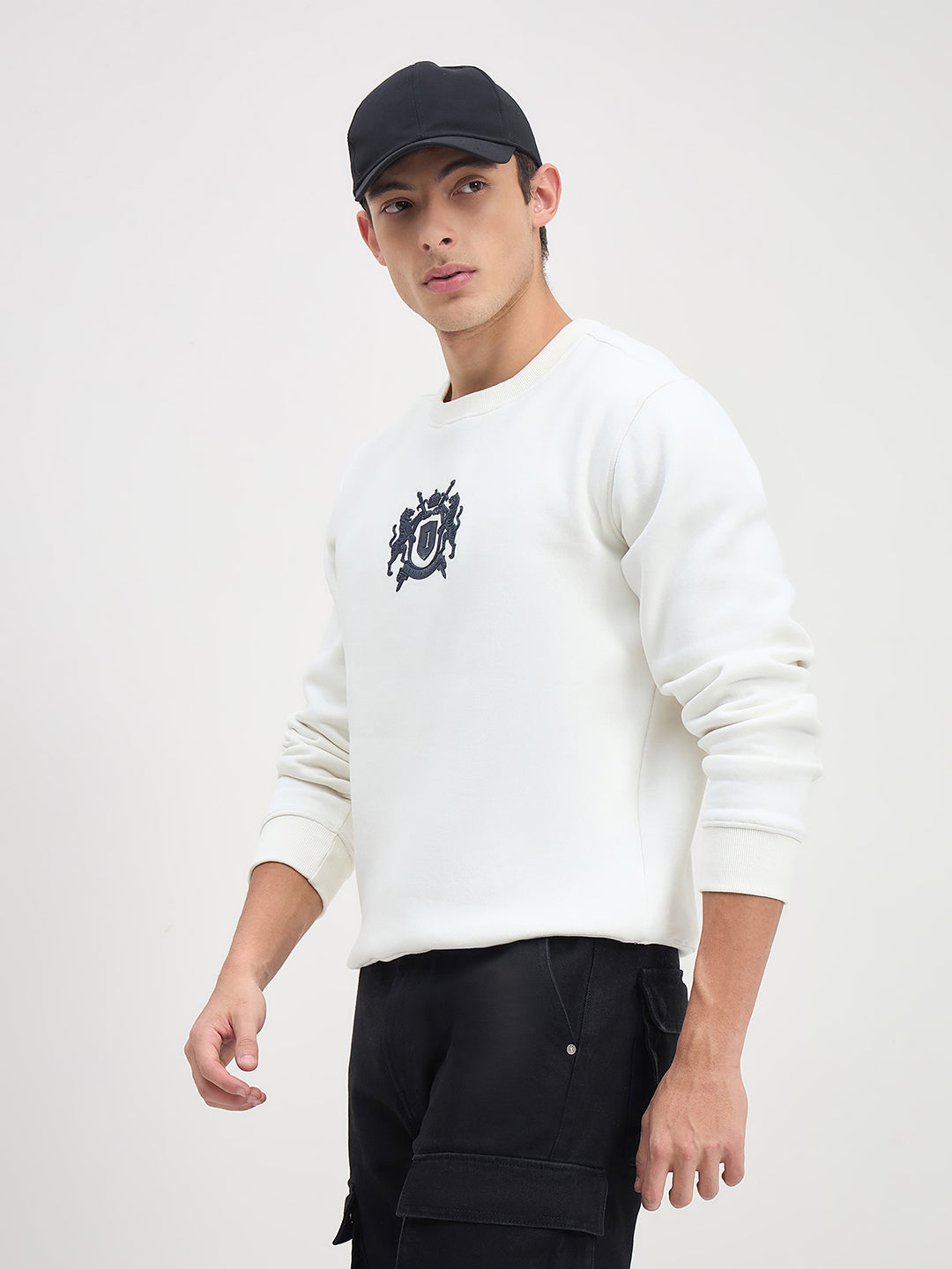 ICONIC Men White Crew Neck Regular Fit Fleece Sweatshirt