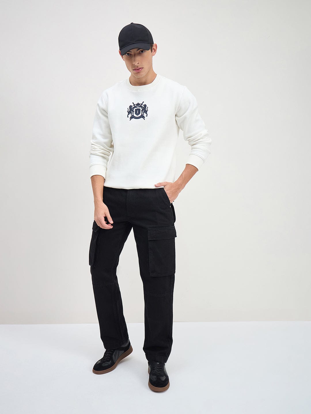 ICONIC Men White Crew Neck Regular Fit Fleece Sweatshirt