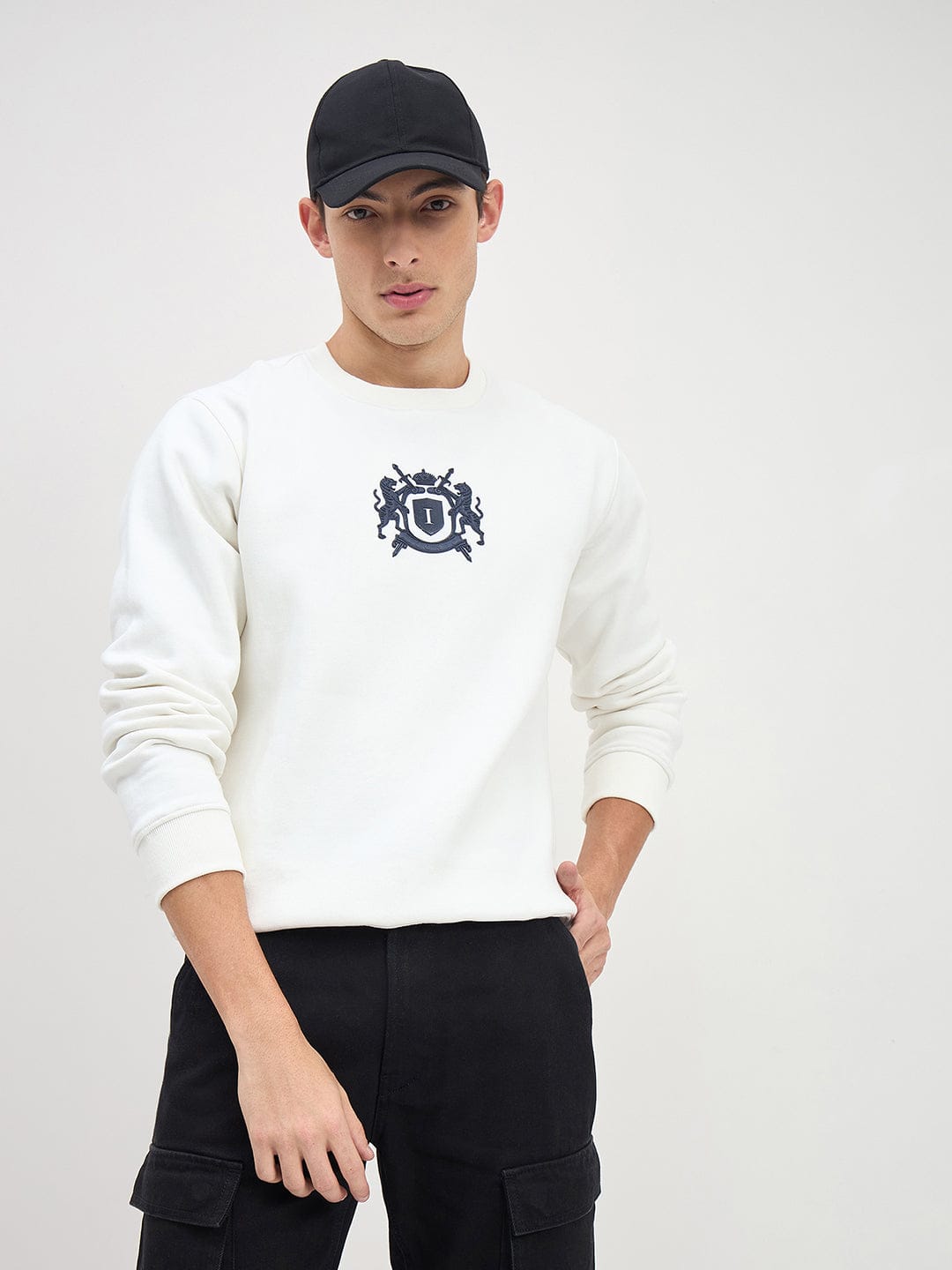 ICONIC Men White Crew Neck Regular Fit Fleece Sweatshirt