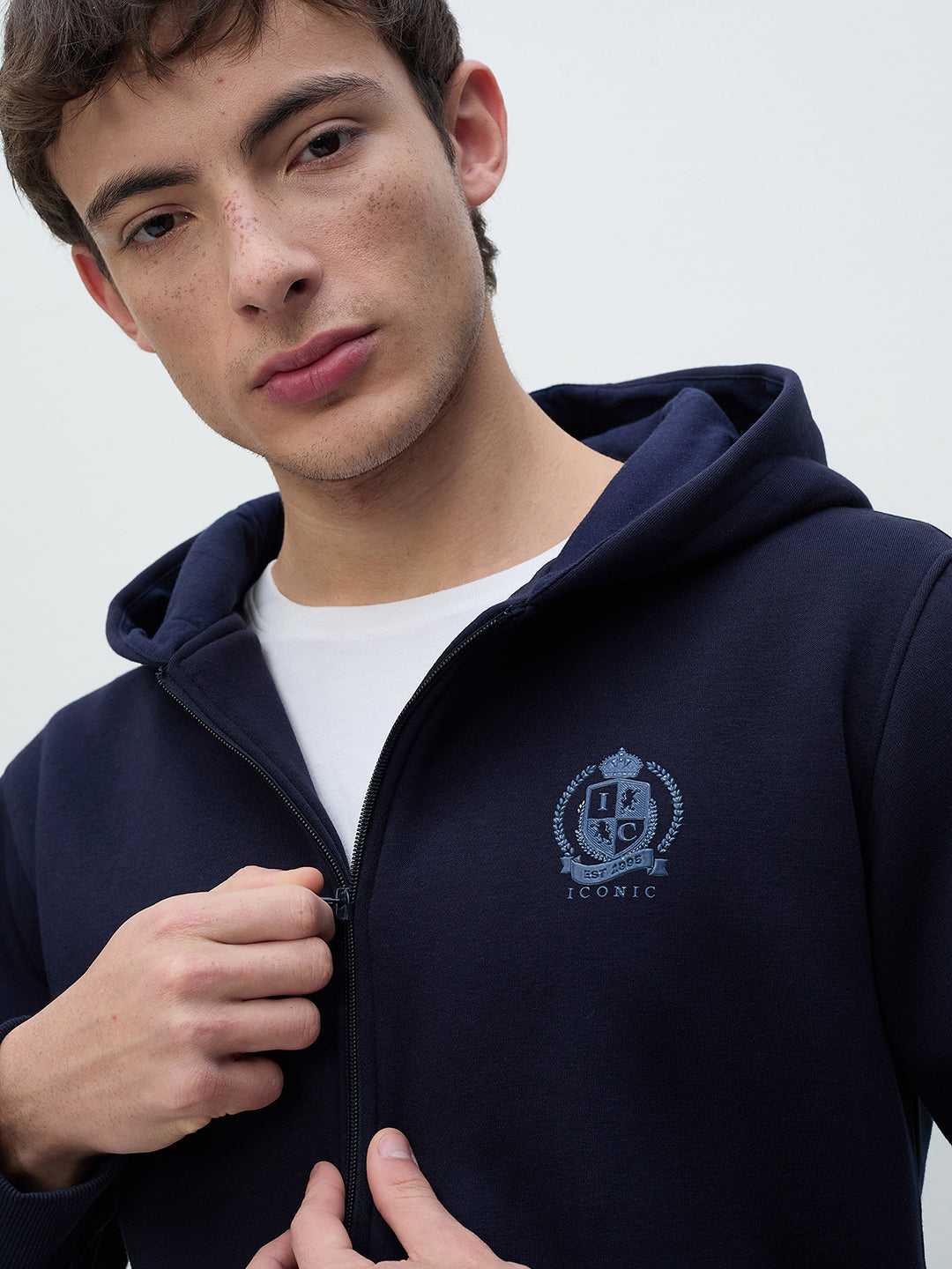 ICONIC Men Navy Blue Hooded Sweatshirt