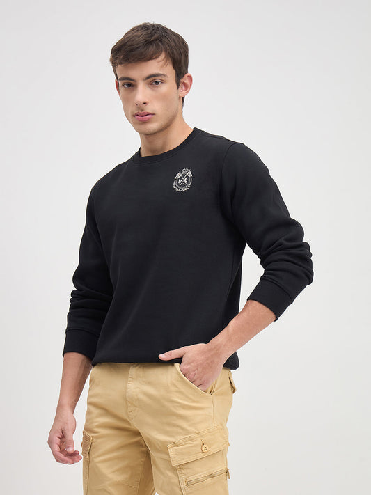 ICONIC Men Black Crew Neck Regular Fit Fleece Sweatshirt