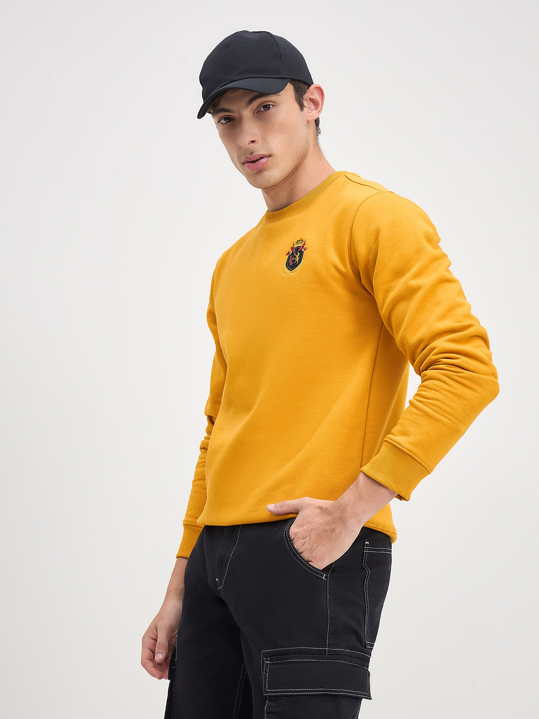 ICONIC Men Yellow Crew Neck Regular Fit Fleece Sweatshirt