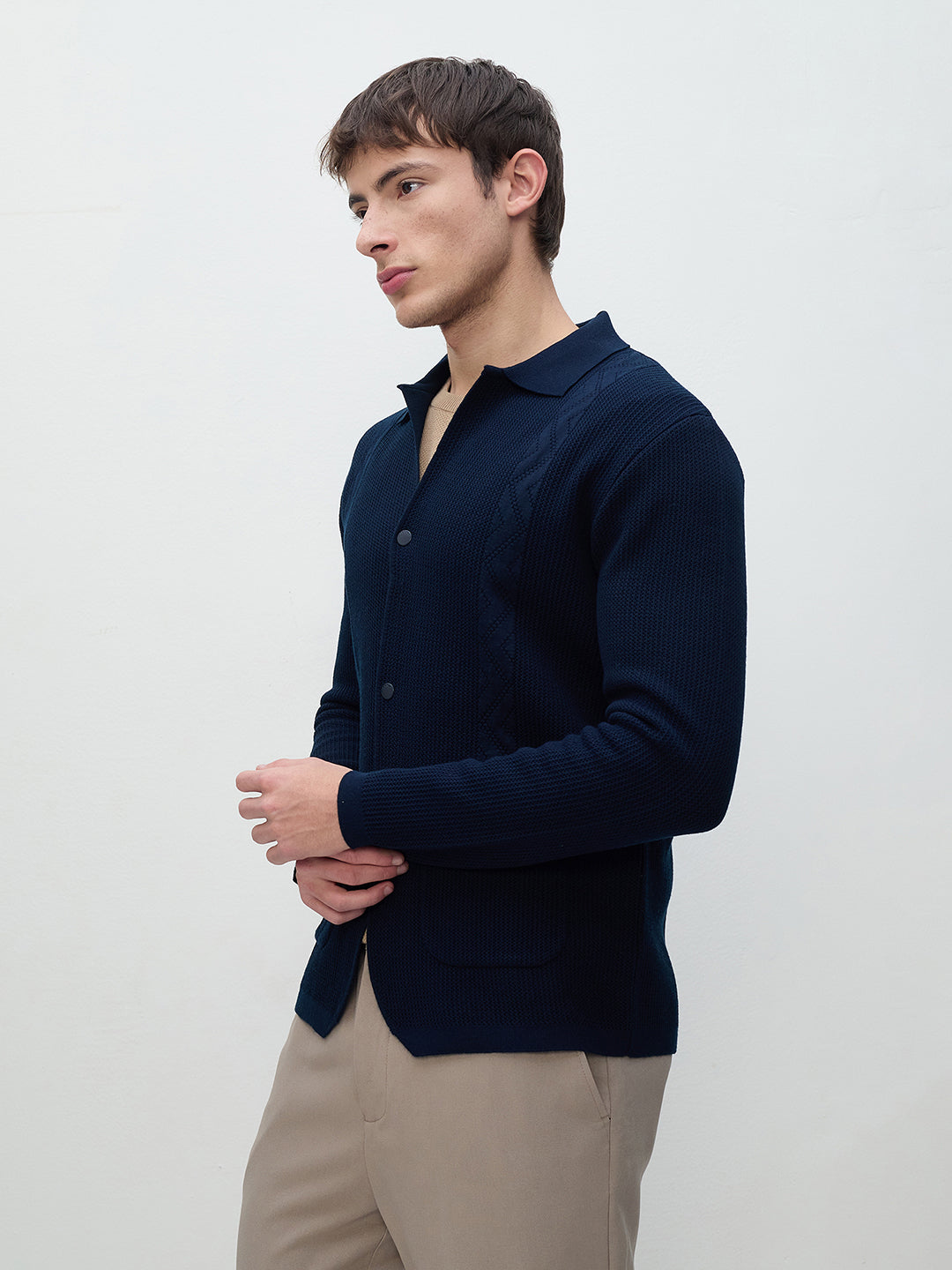 ICONIC Men Navy Blue Textured Shirt Collar Sweatshirt