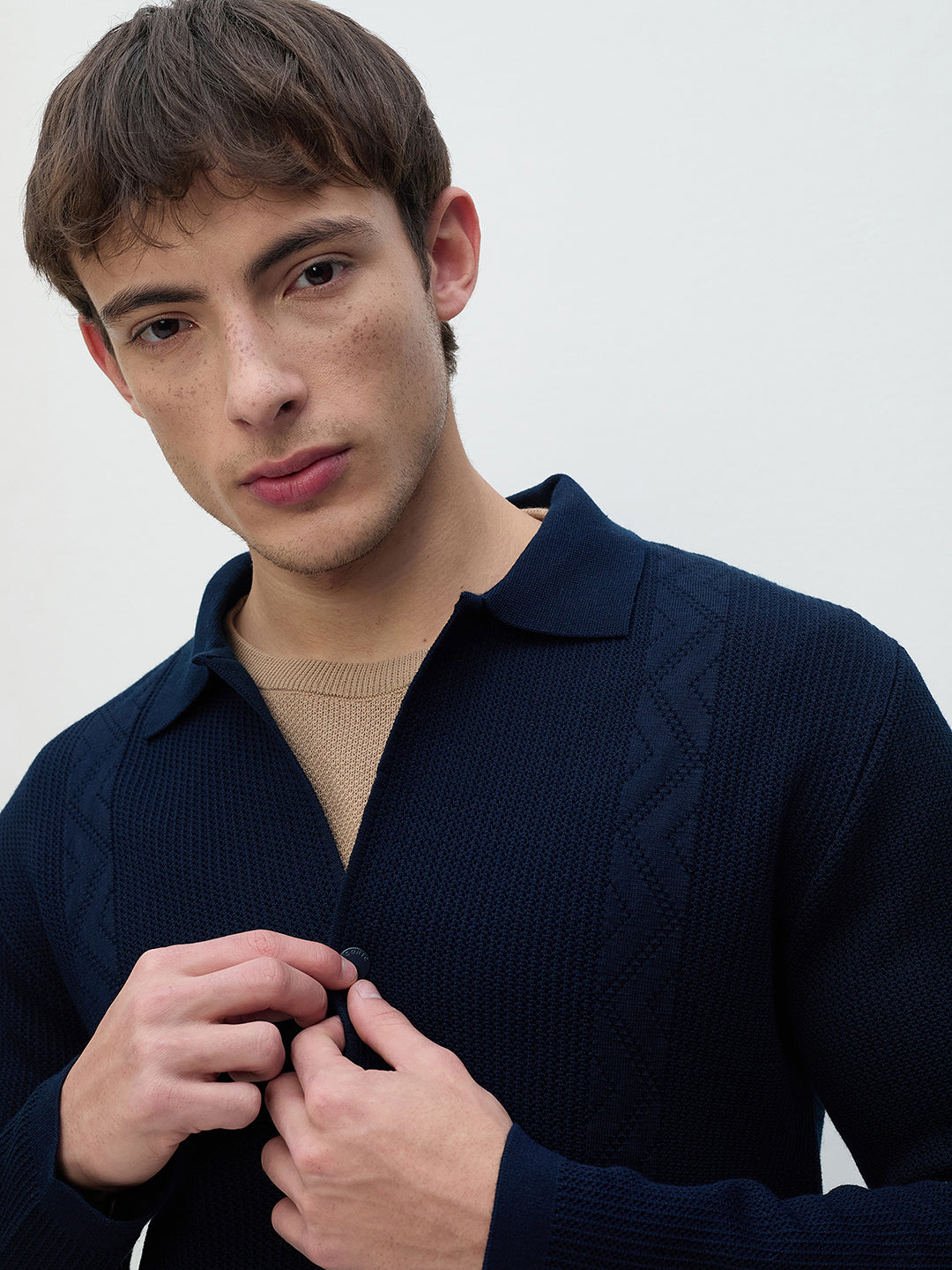 ICONIC Men Navy Blue Textured Shirt Collar Sweatshirt