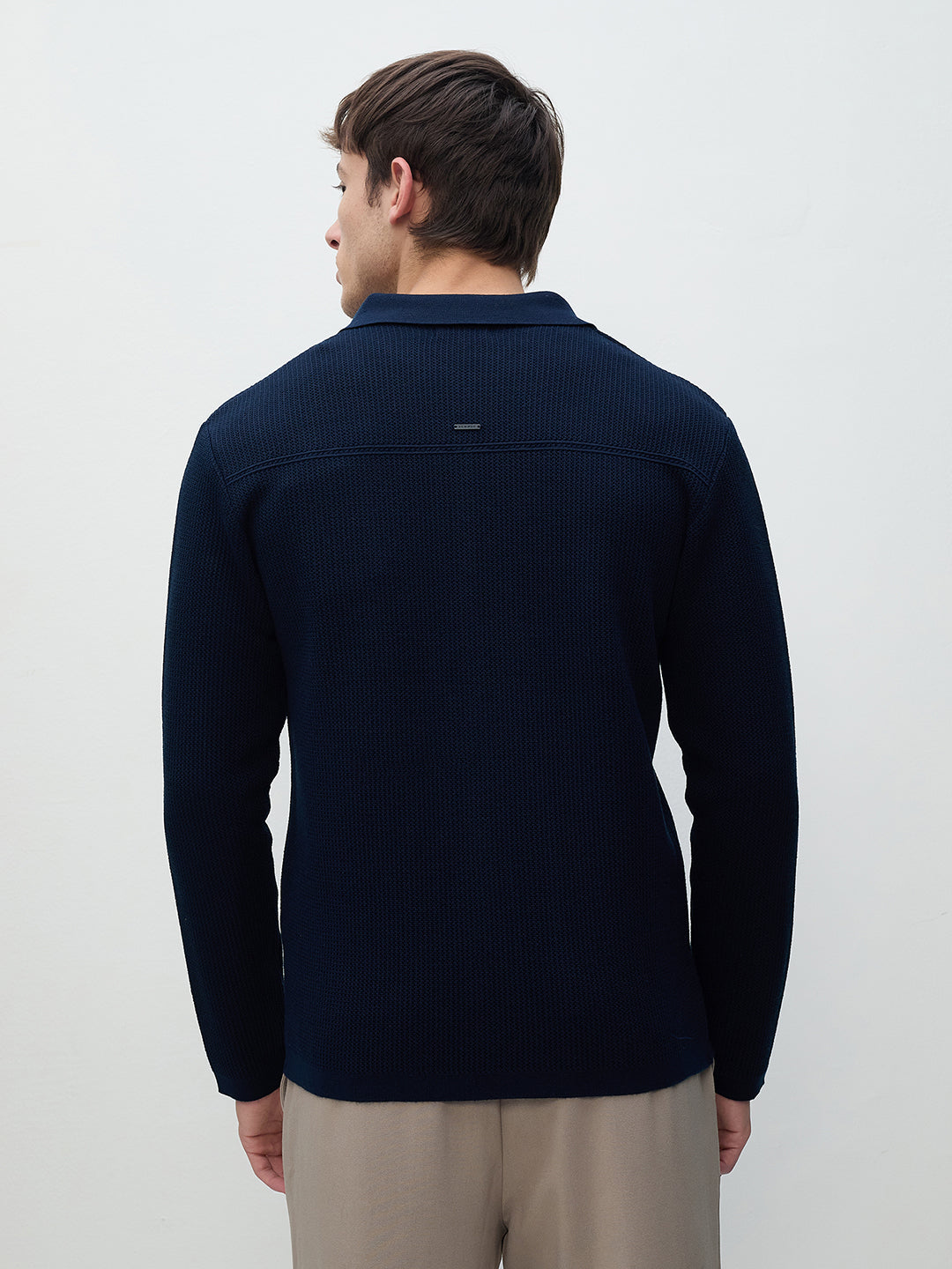 ICONIC Men Navy Blue Textured Shirt Collar Sweatshirt