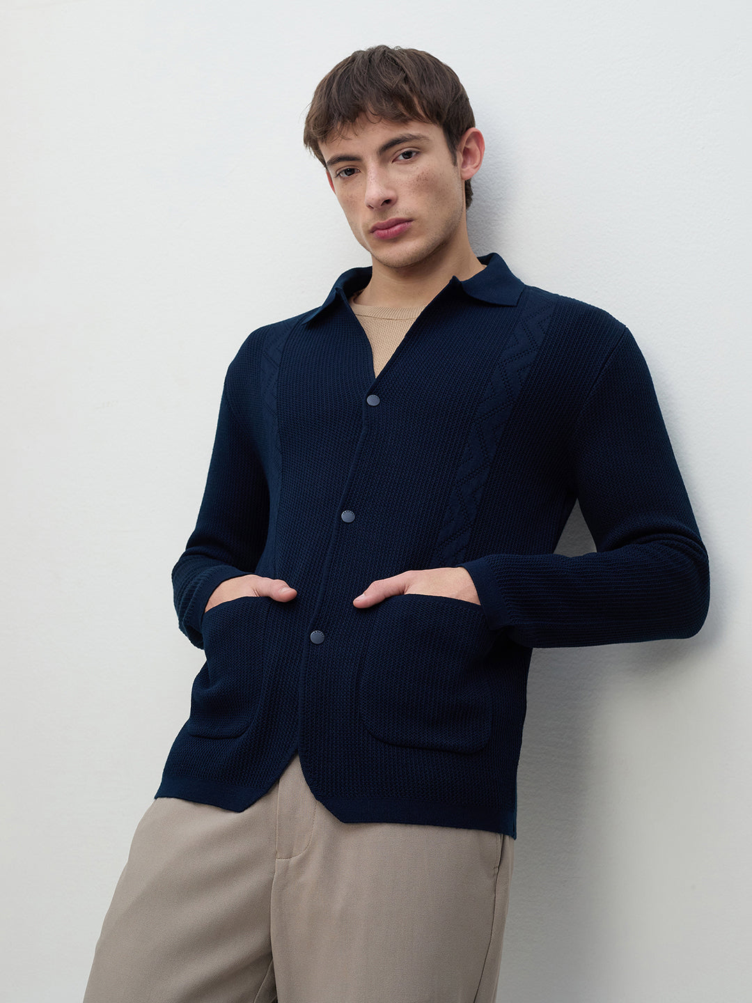 ICONIC Men Navy Blue Textured Shirt Collar Sweatshirt