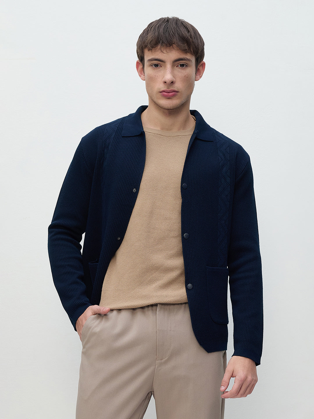 ICONIC Men Navy Blue Textured Shirt Collar Sweatshirt