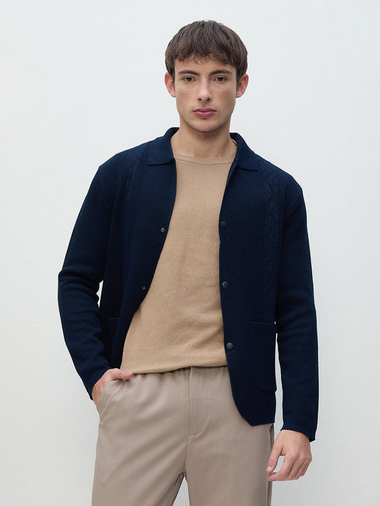 ICONIC Men Navy Blue Textured Shirt Collar Sweatshirt