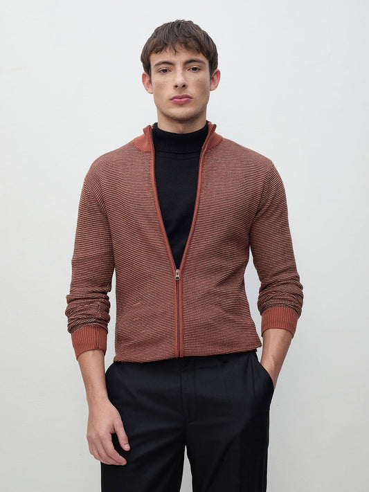 ICONIC Men Brown Textured Crew Neck Sweater