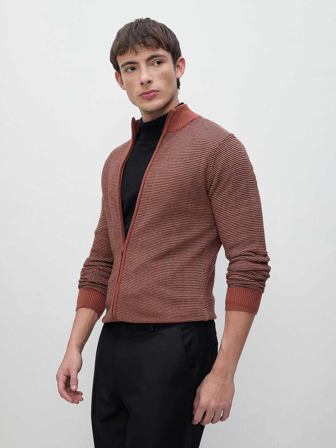 ICONIC Men Brown Textured Crew Neck Sweater