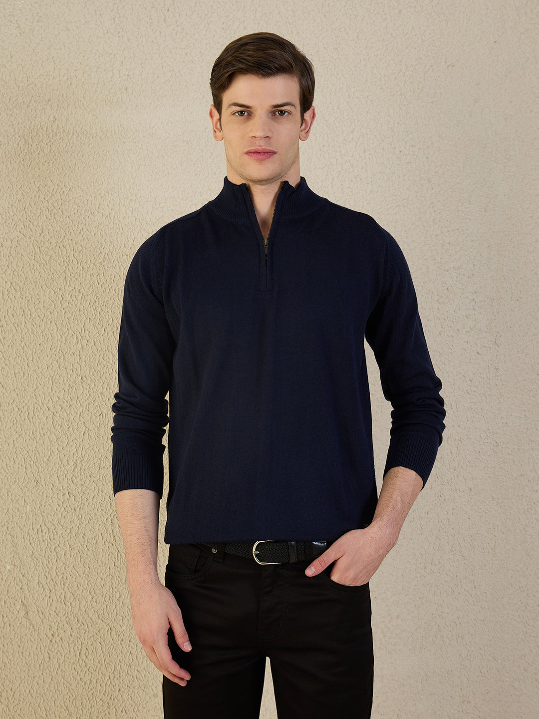 Iconic Men Navy Blue Solid High Neck Sweater
