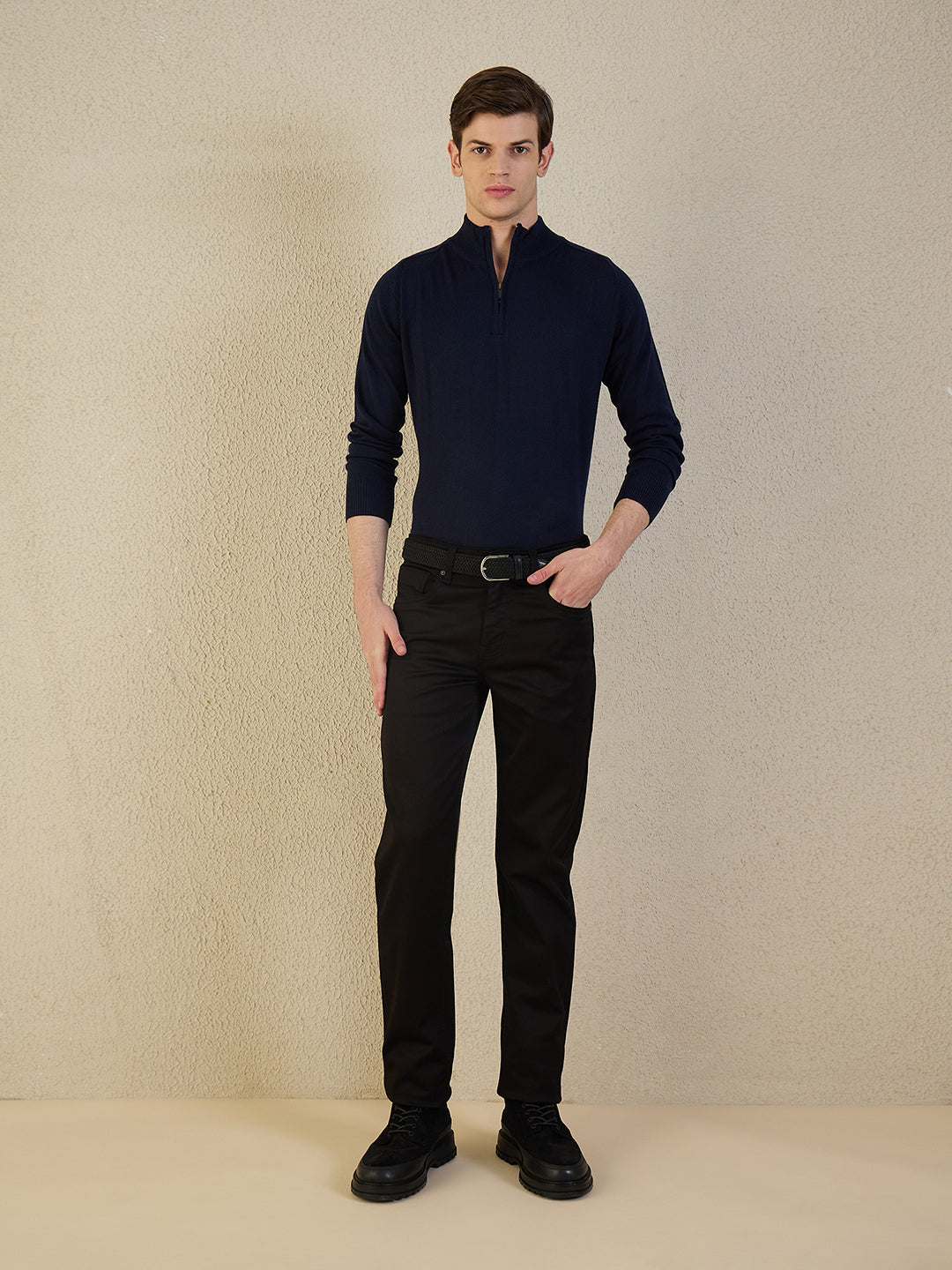 Iconic Men Navy Blue Solid High Neck Sweater