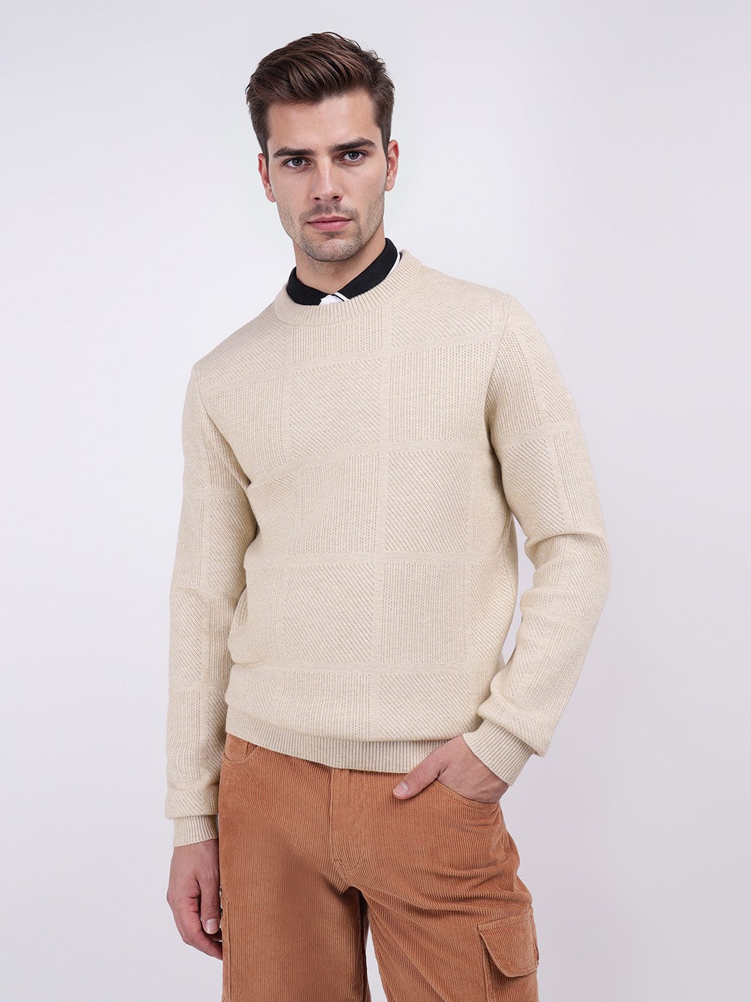 Iconic Men Beige Checks Crew Neck Sweater