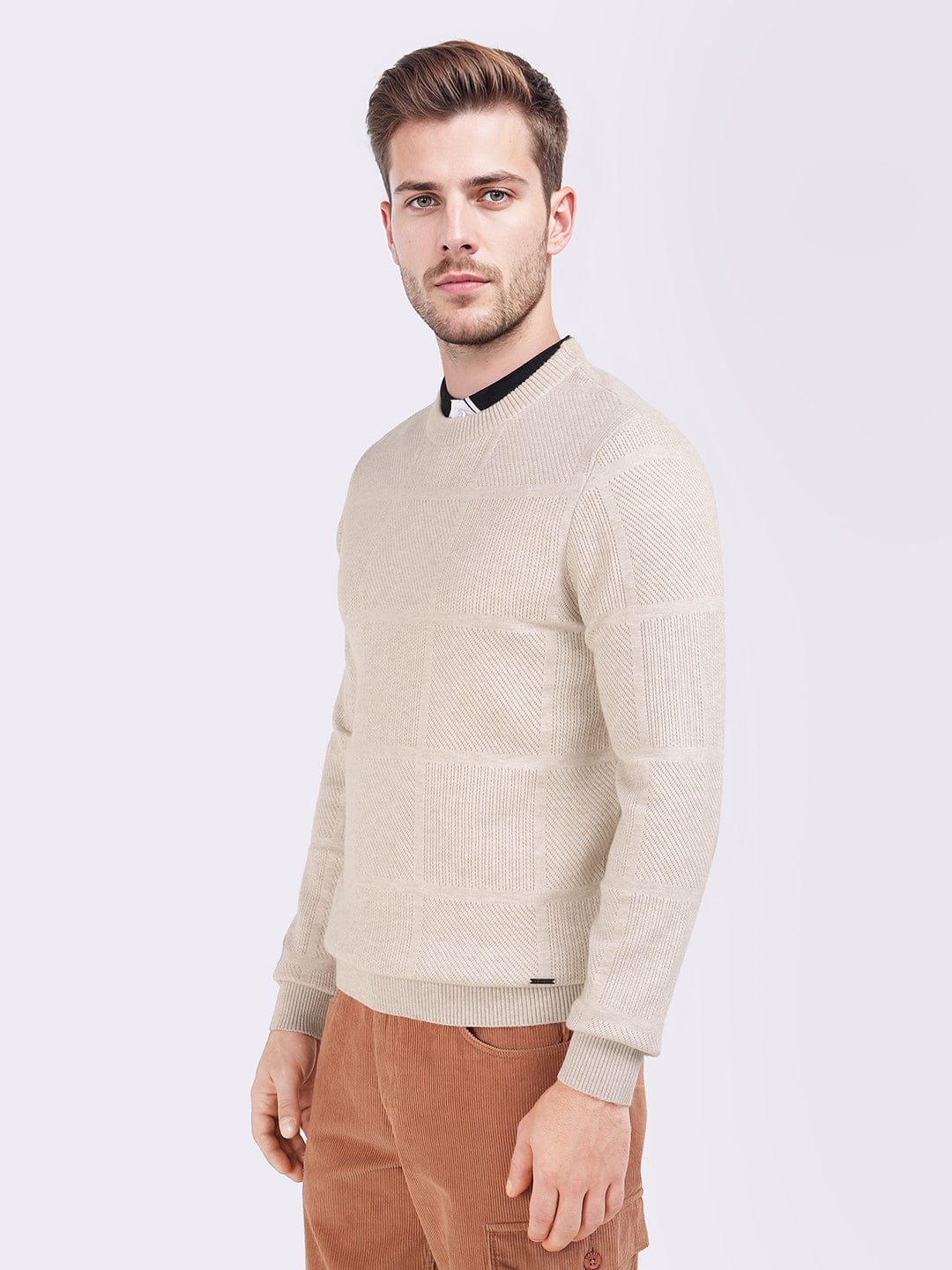 Iconic Men Beige Checks Crew Neck Sweater