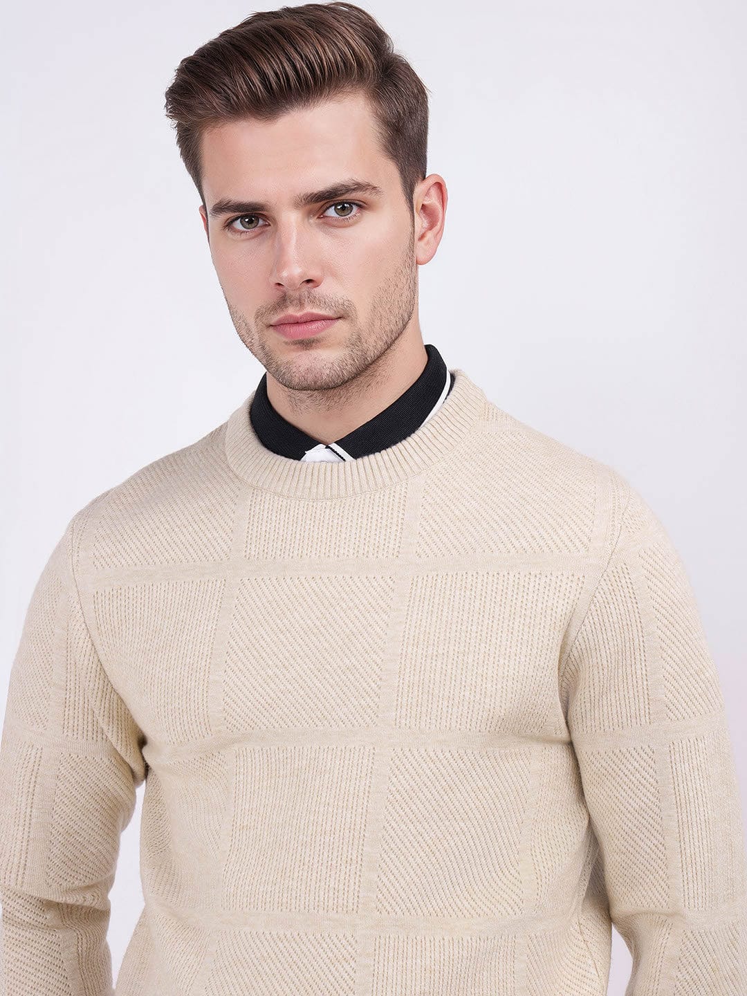 Iconic Men Beige Checks Crew Neck Sweater