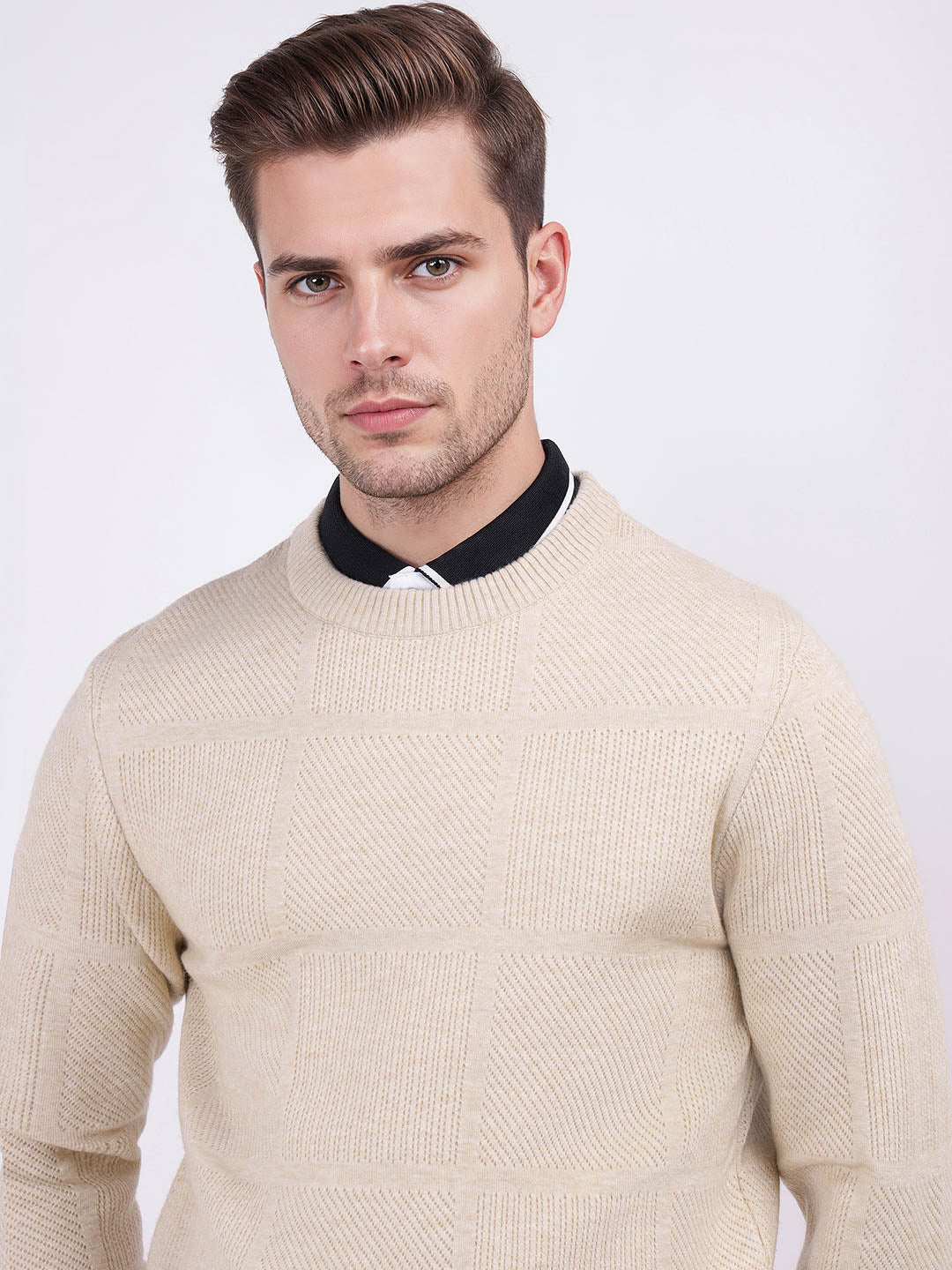 Iconic Men Beige Checks Crew Neck Sweater