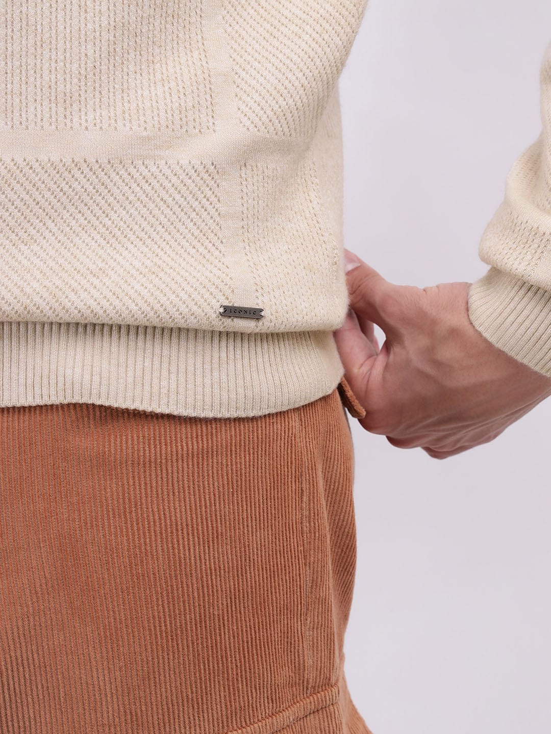 Iconic Men Beige Checks Crew Neck Sweater