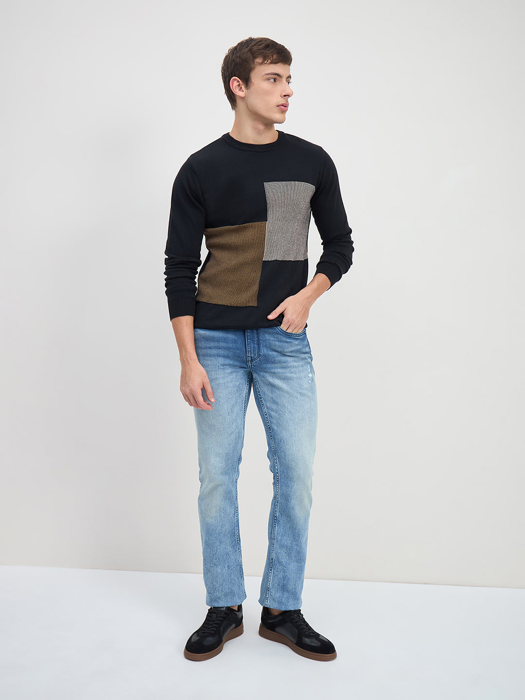 ICONIC Men Black Colorblock Crew Neck Regular Fit Sweater