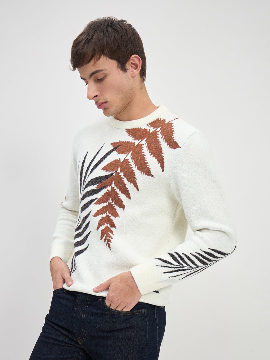 Iconic Men White Floral Round Neck Sweater