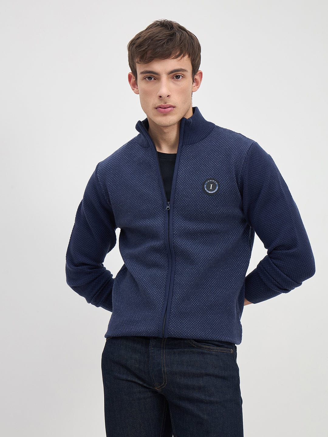 ICONIC Men Navy Blue Textured High Neck Regular Fit Sweater