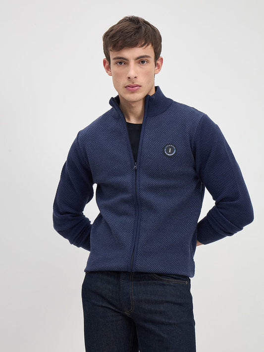 ICONIC Men Navy Blue Textured High Neck Regular Fit Sweater
