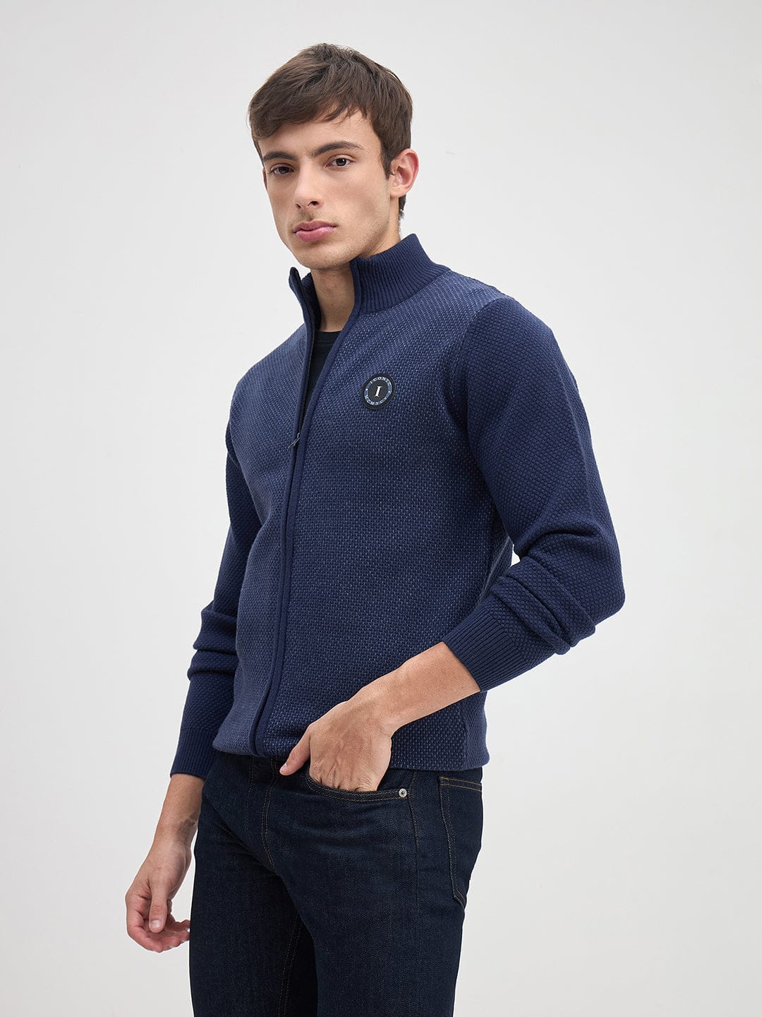 ICONIC Men Navy Blue Textured High Neck Regular Fit Sweater