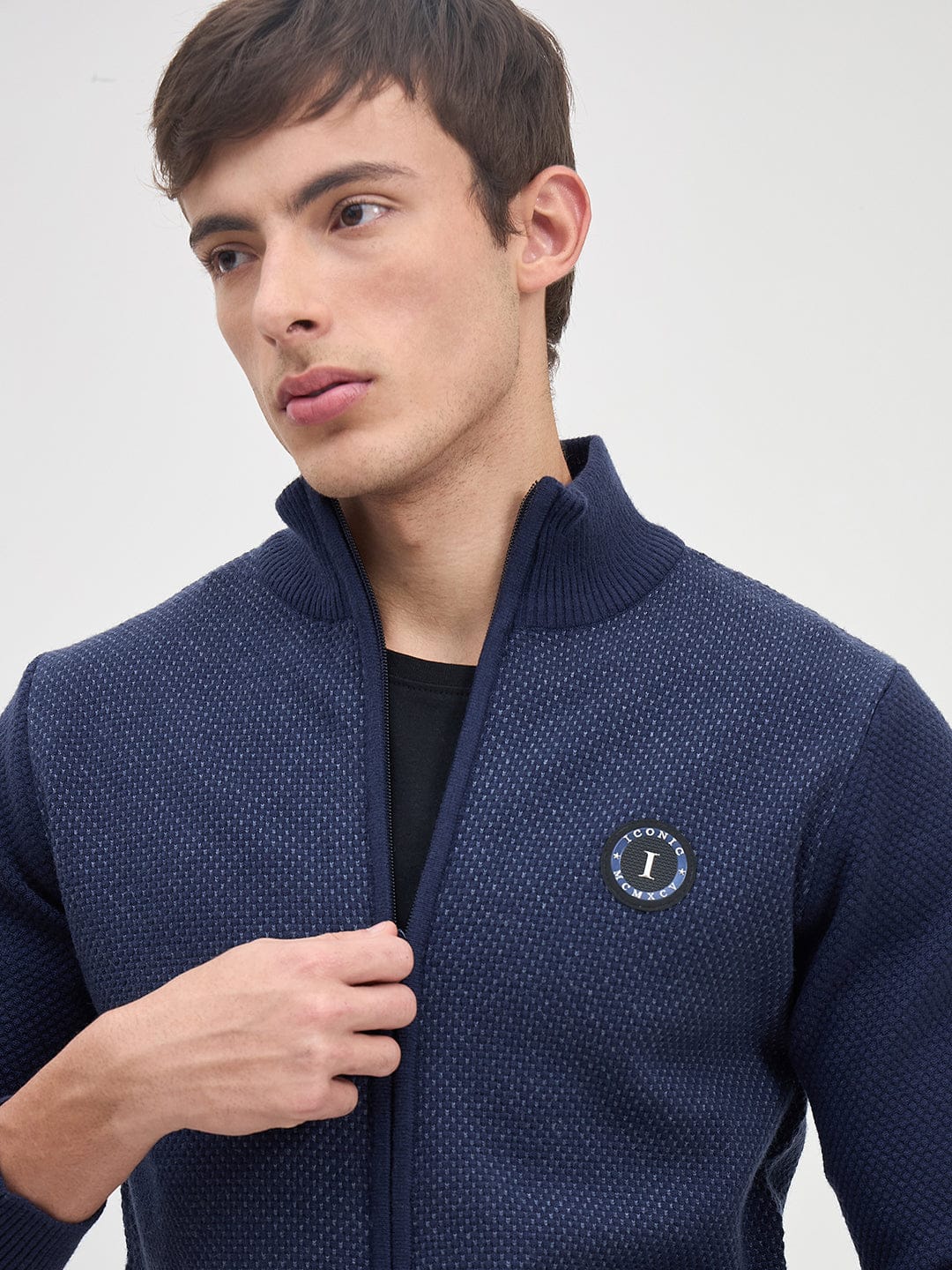 ICONIC Men Navy Blue Textured High Neck Regular Fit Sweater