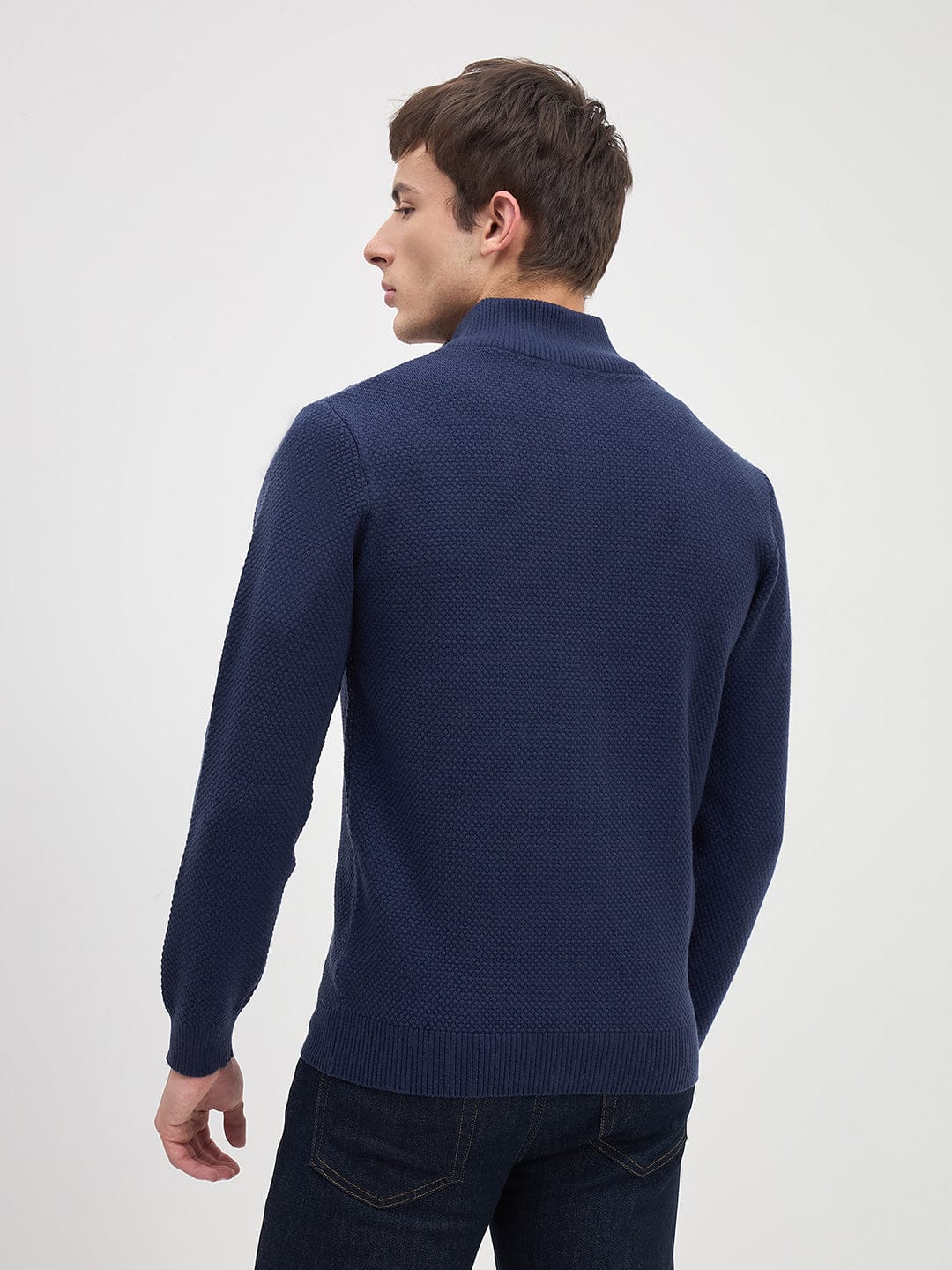 ICONIC Men Navy Blue Textured High Neck Regular Fit Sweater