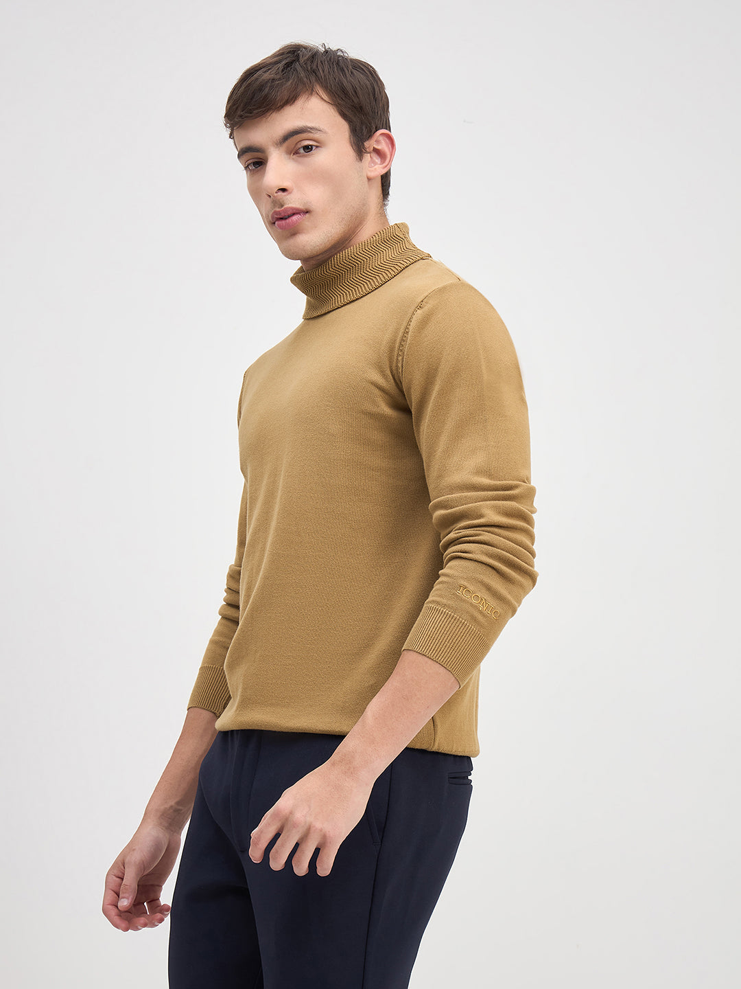 ICONIC Men Brown Solid High Neck Regular Fit Sweater