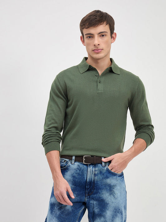 ICONIC Men Green Solid Polo Neck Regular Fit Sweater