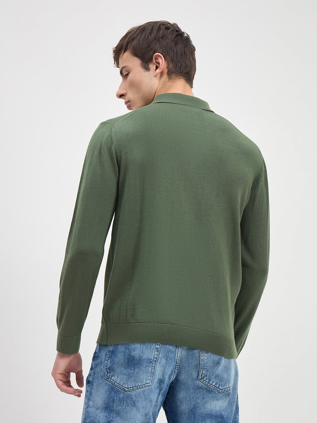 ICONIC Men Green Solid Polo Neck Regular Fit Sweater