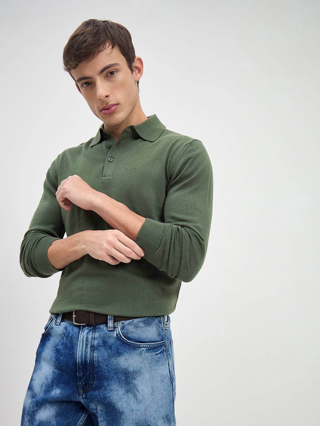 ICONIC Men Green Solid Polo Neck Regular Fit Sweater