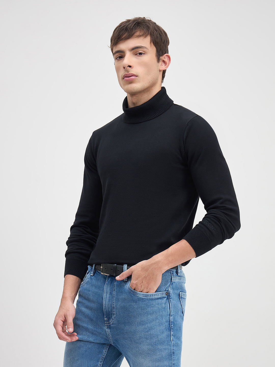 ICONIC Men Jett Black Solid High Neck Regular Fit Sweater