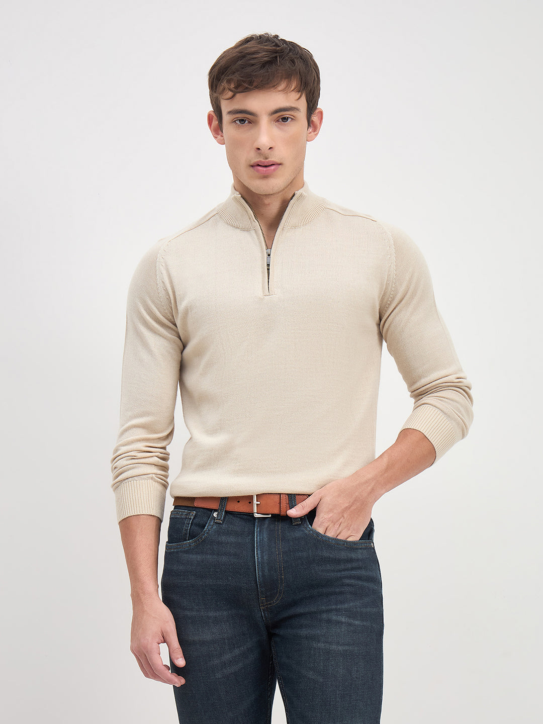 ICONIC Men Beige Solid High Neck Regular Fit Sweater