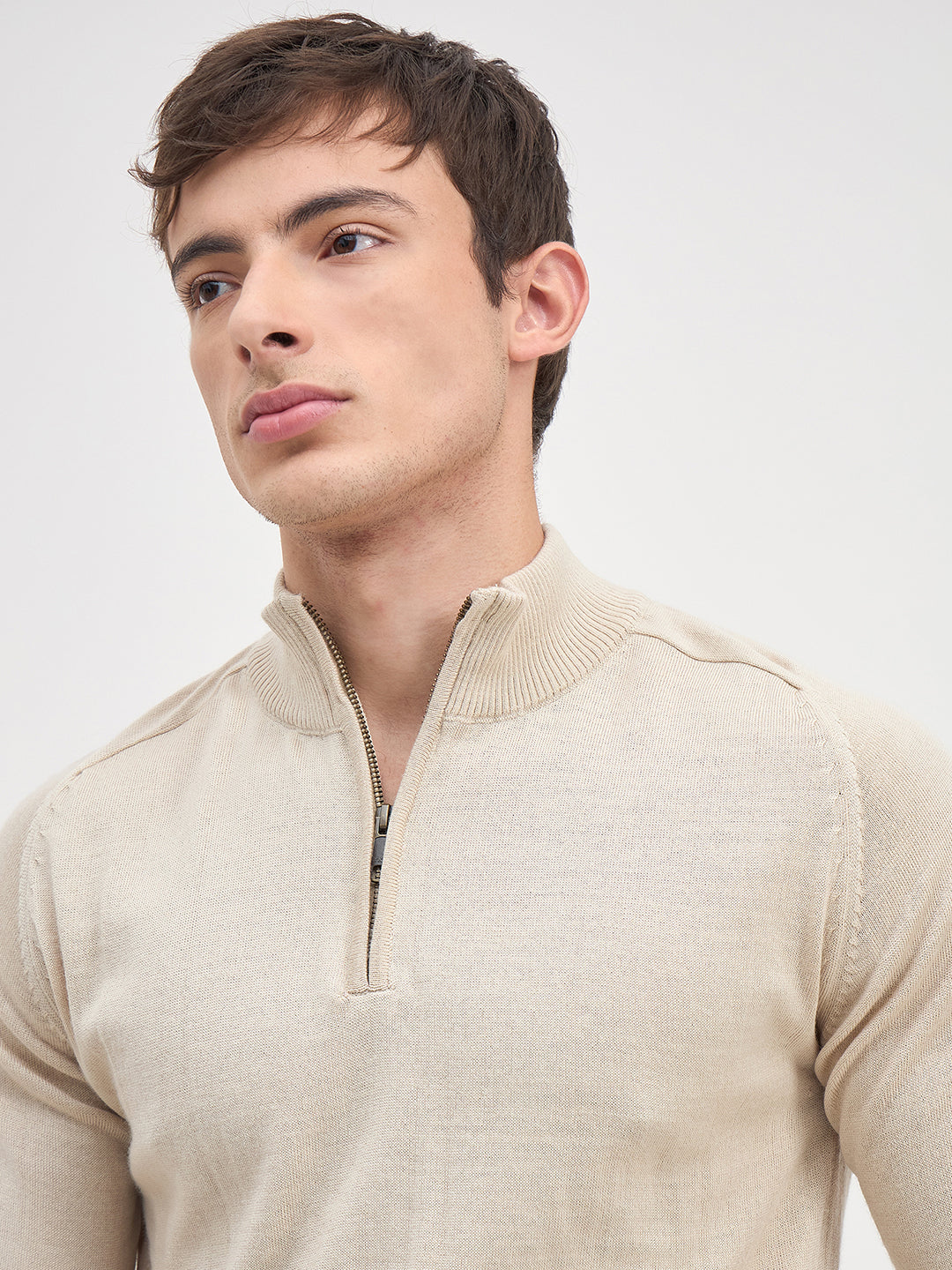 ICONIC Men Beige Solid High Neck Regular Fit Sweater