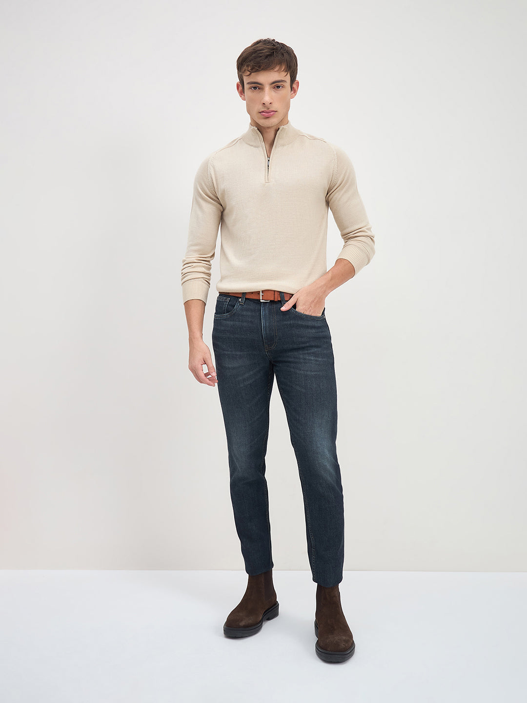 ICONIC Men Beige Solid High Neck Regular Fit Sweater
