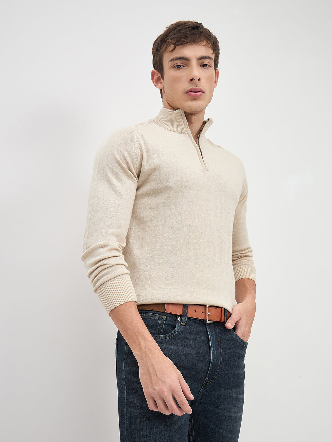 ICONIC Men Beige Solid High Neck Regular Fit Sweater