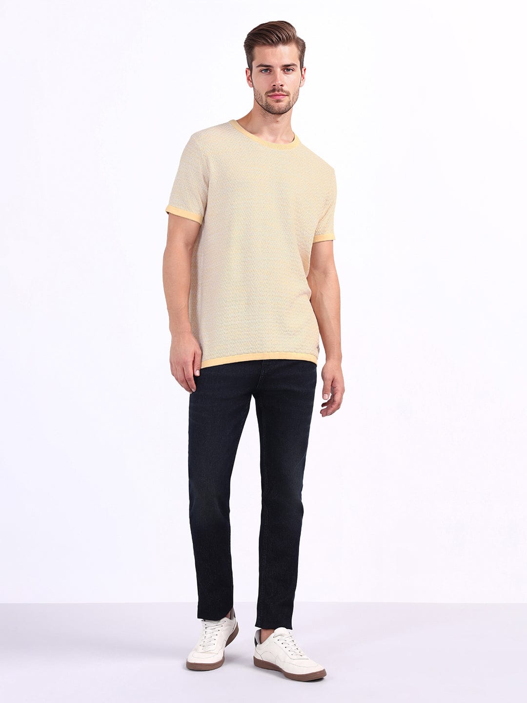 Iconic Men Beige Chevron Crew Neck Tshirt