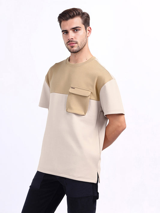 Iconic Men Beige Coloublocked Crew Neck Tshirt