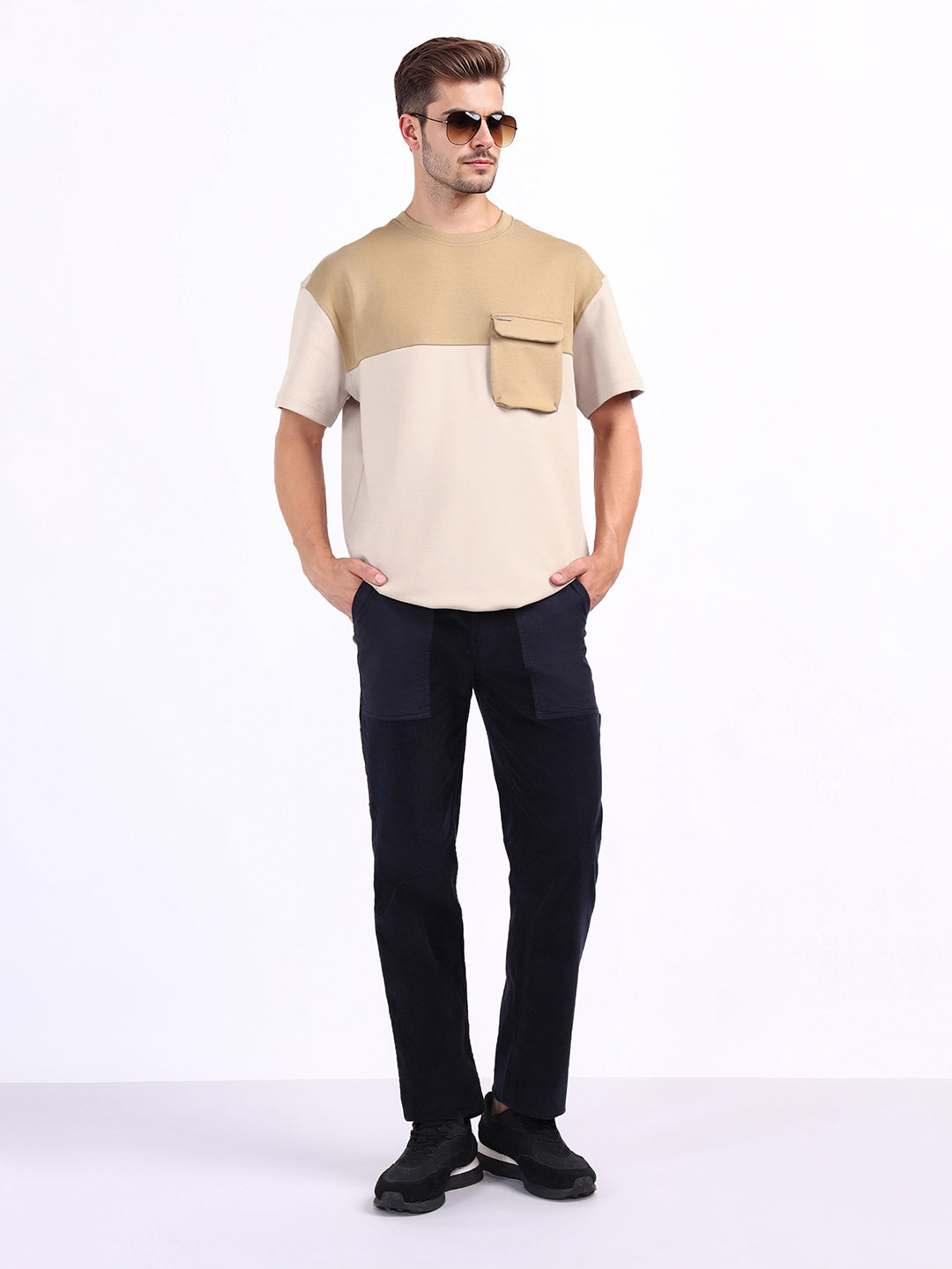 Iconic Men Beige Coloublocked Crew Neck Tshirt