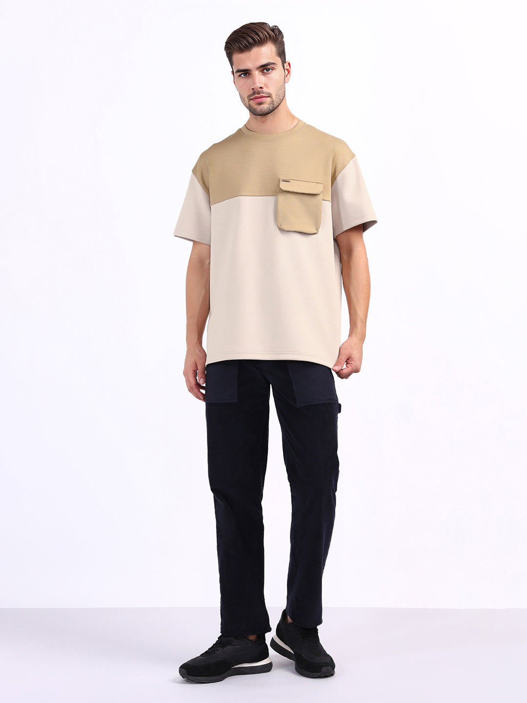 Iconic Men Beige Coloublocked Crew Neck Tshirt