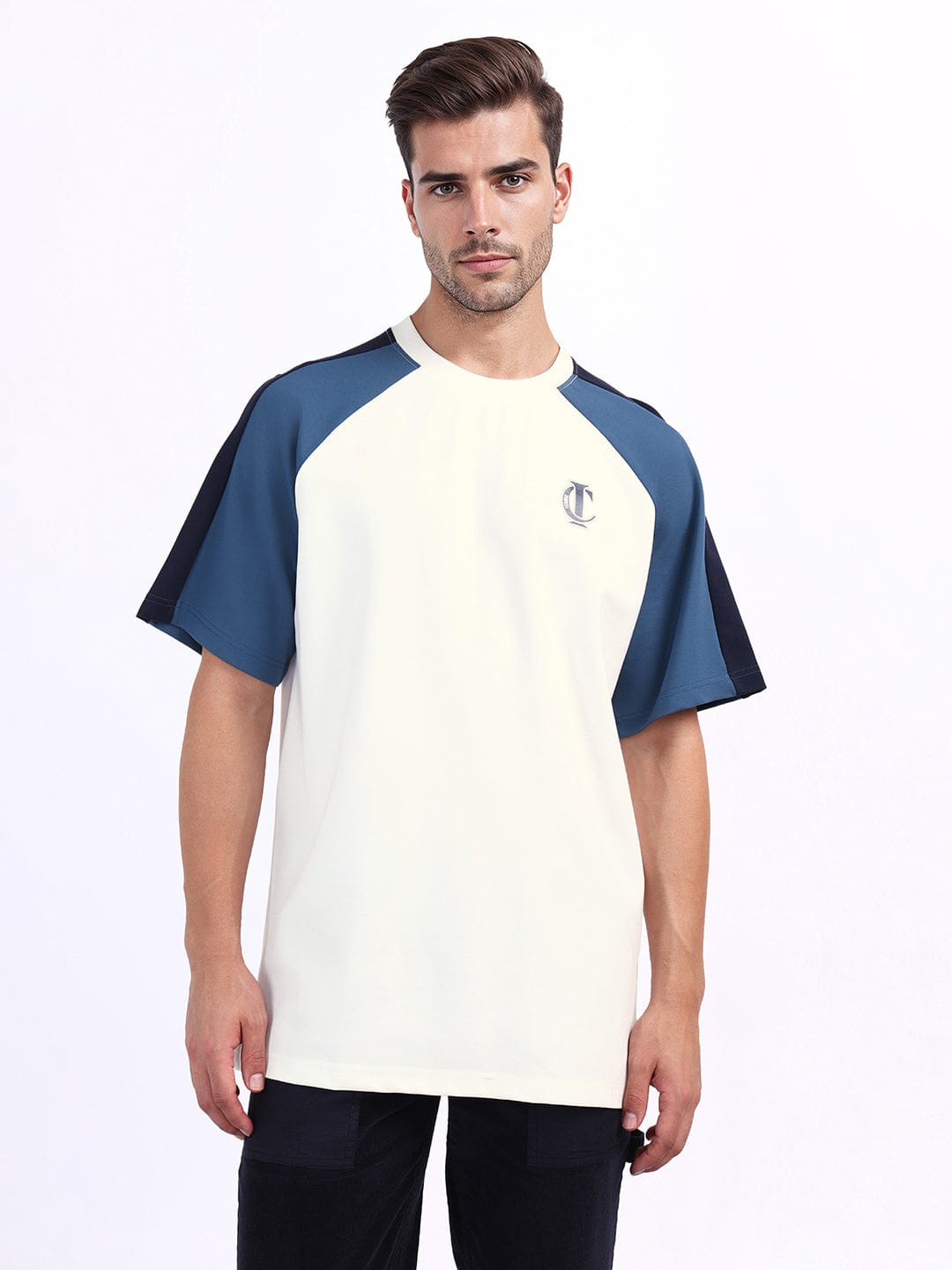 Iconic Men White Coloublocked Crew Neck Tshirt