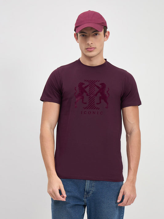 ICONIC Men Wine Logo Crew Neck Regular Fit T-Shirt