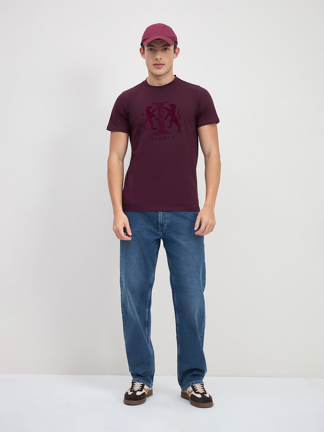 ICONIC Men Wine Logo Crew Neck Regular Fit T-Shirt