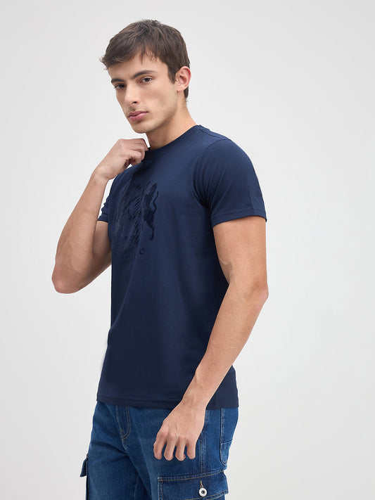 ICONIC Men Navy Blue Logo Crew Neck Regular Fit T-Shirt
