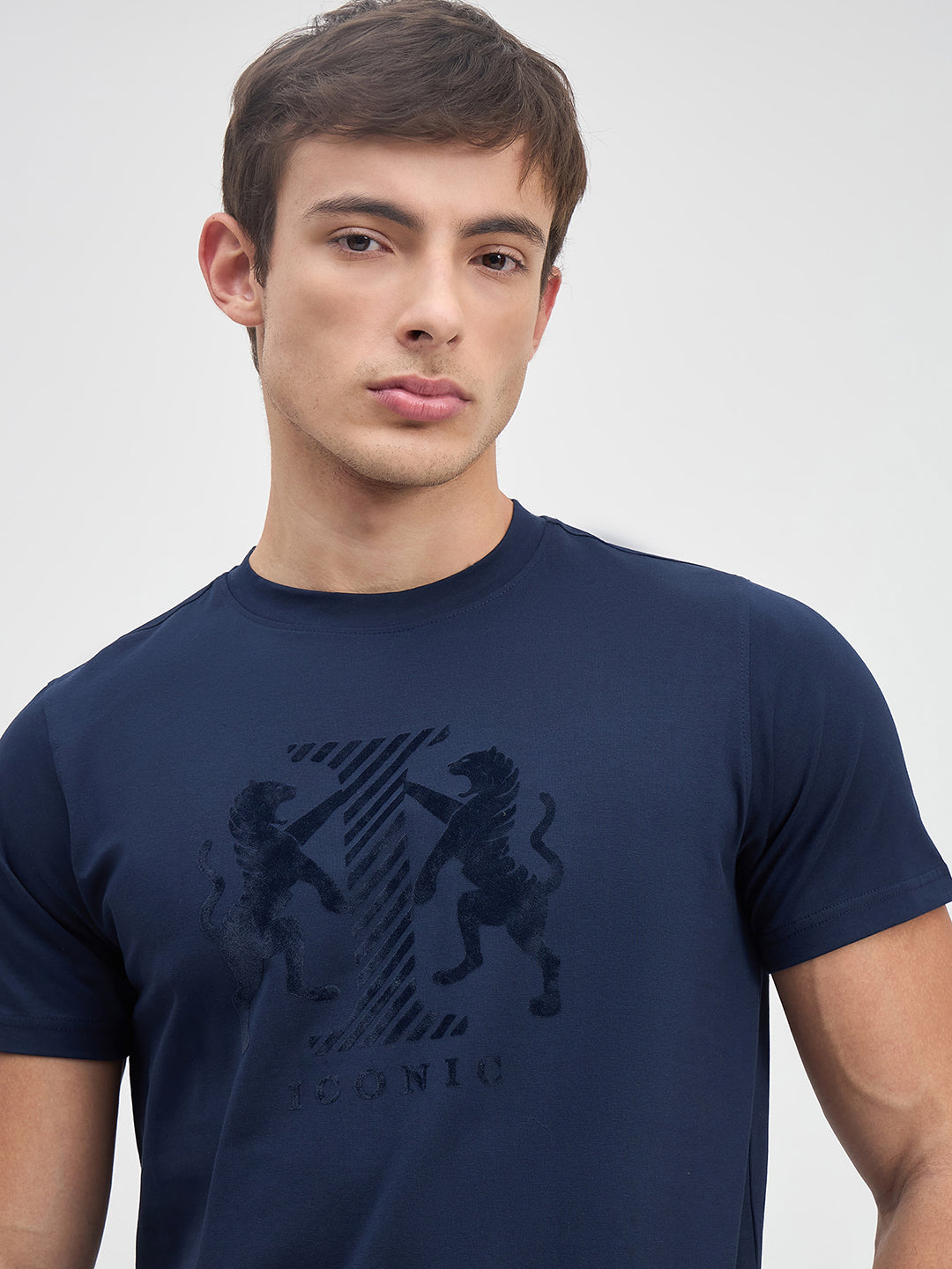 ICONIC Men Navy Blue Logo Crew Neck Regular Fit T-Shirt