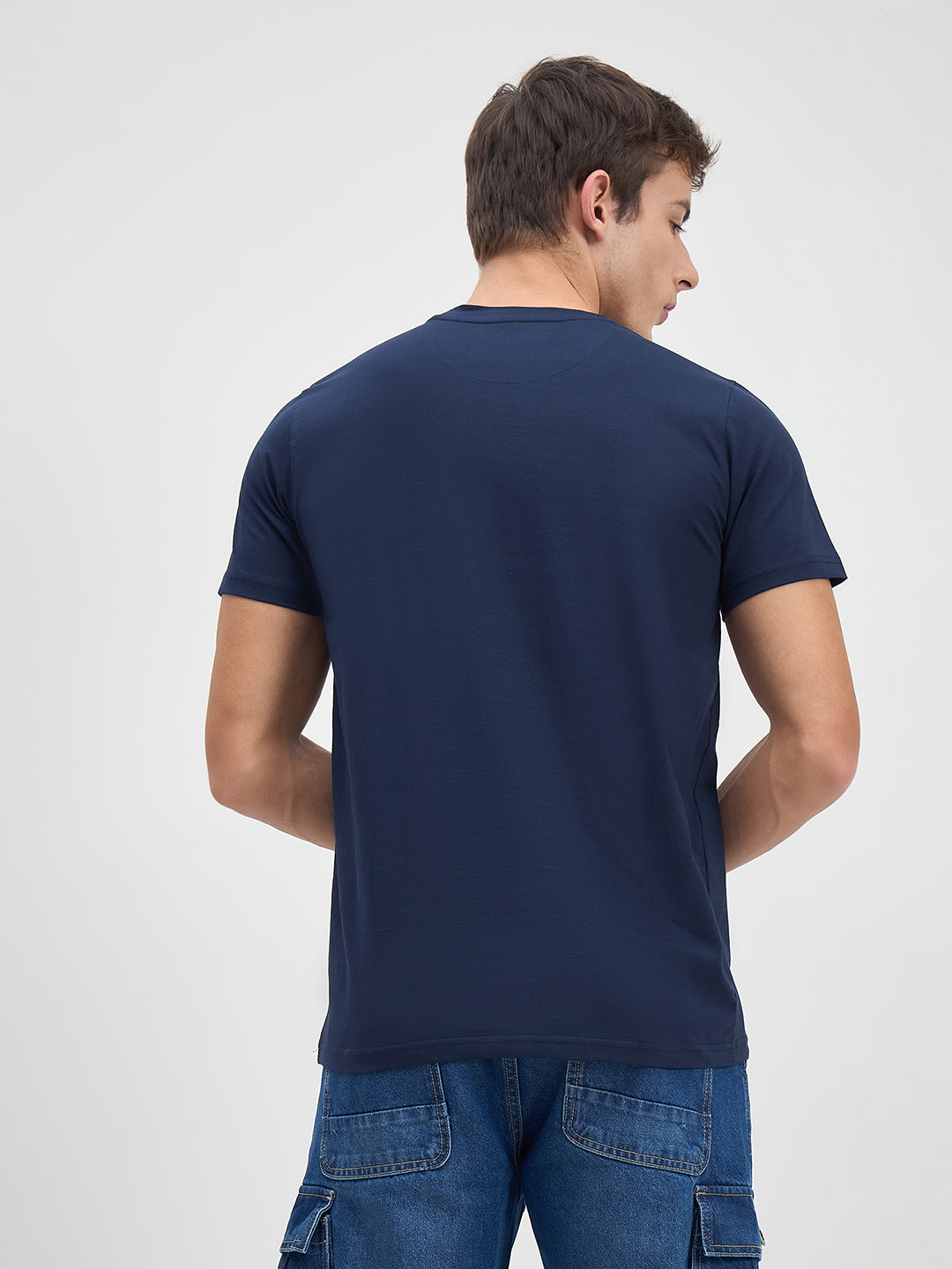 ICONIC Men Navy Blue Logo Crew Neck Regular Fit T-Shirt