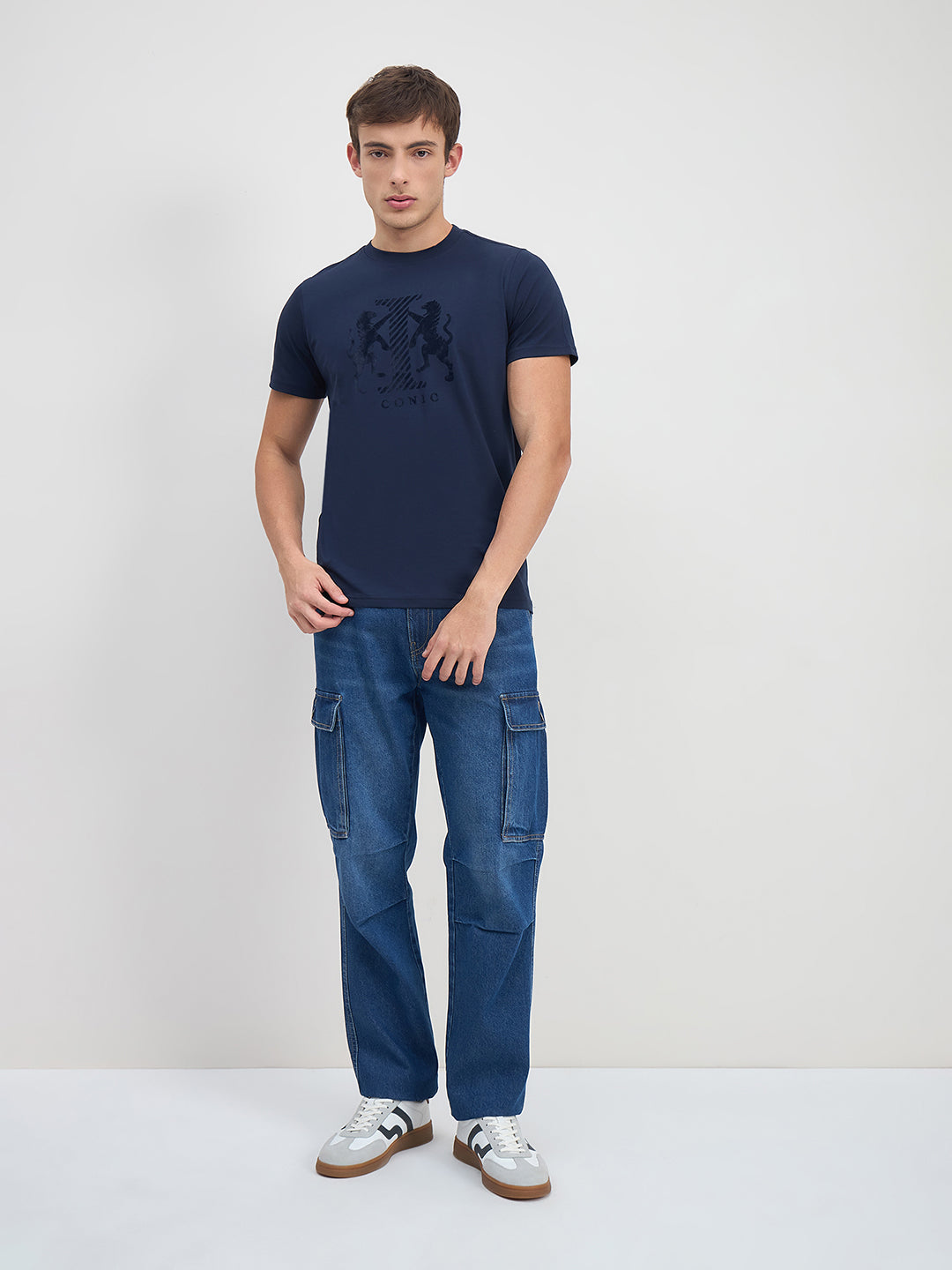 ICONIC Men Navy Blue Logo Crew Neck Regular Fit T-Shirt