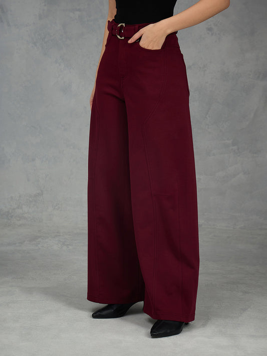 Iconic Women Maroon Solid Pure Cotton Loose Fit Cargo Pant